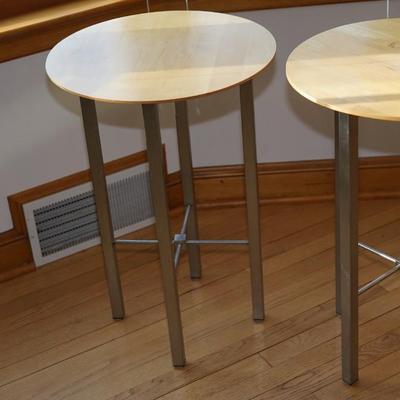 PAIR OF CHROME FRAMED BASE TABLES W/ ROUND MAPLE TOPS