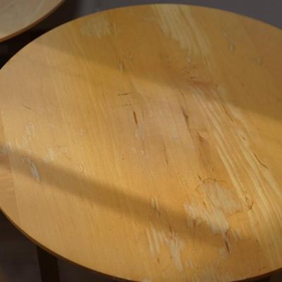 PAIR OF CHROME FRAMED BASE TABLES W/ ROUND MAPLE TOPS