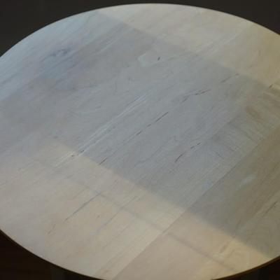 PAIR OF CHROME FRAMED BASE TABLES W/ ROUND MAPLE TOPS