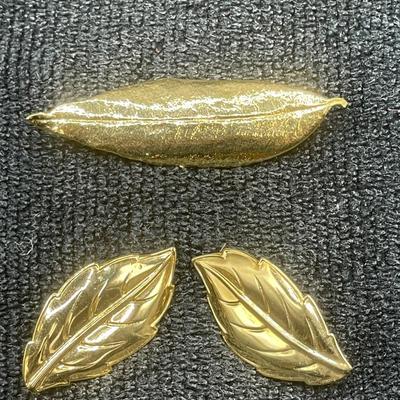 Gold-tone Leaf Earrings and Brooch Pin Set