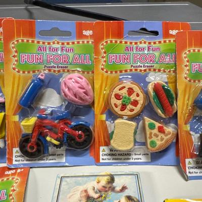 Erasers little books and pens