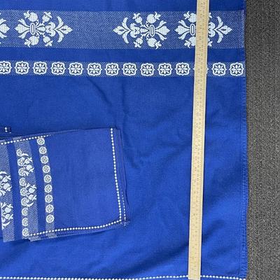 Royal Blue & White Embroidered Jacquard Cotton 102” x 54” Tablecloth