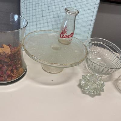 Glass items including cake stand and basket