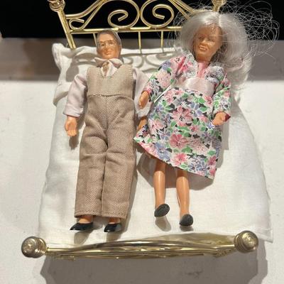 Brass Doll Bed and Grandma and Grandpa Dolls