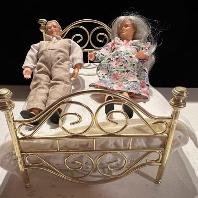 Brass Doll Bed and Grandma and Grandpa Dolls