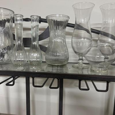 Bakers rack and vases