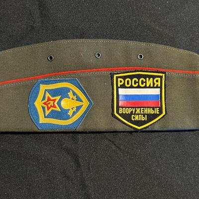 Vintage Russian Military Garrison Hat with Pins and Patches