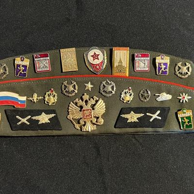 Vintage Russian Military Garrison Hat with Pins and Patches