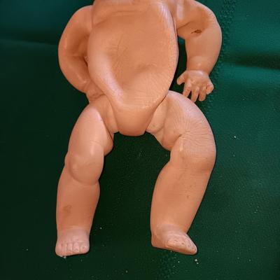BISQUE HEADED DOLL WITH RUBBER BODY, MANY PAPER DOLLS & CLOTHES PLUS TOY IRON