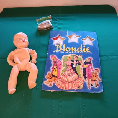 BISQUE HEADED DOLL WITH RUBBER BODY, MANY PAPER DOLLS & CLOTHES PLUS TOY IRON