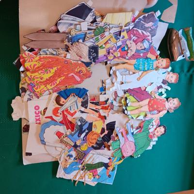 BISQUE HEADED DOLL WITH RUBBER BODY, MANY PAPER DOLLS & CLOTHES PLUS TOY IRON