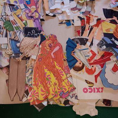 BISQUE HEADED DOLL WITH RUBBER BODY, MANY PAPER DOLLS & CLOTHES PLUS TOY IRON