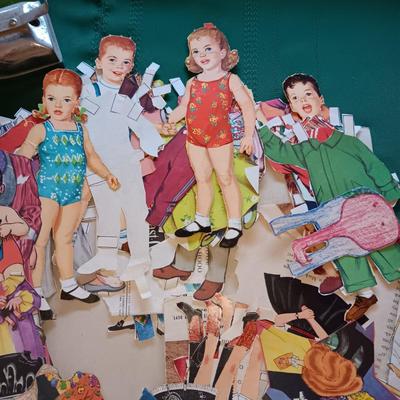 BISQUE HEADED DOLL WITH RUBBER BODY, MANY PAPER DOLLS & CLOTHES PLUS TOY IRON