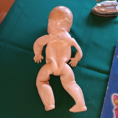 BISQUE HEADED DOLL WITH RUBBER BODY, MANY PAPER DOLLS & CLOTHES PLUS TOY IRON