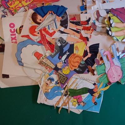 BISQUE HEADED DOLL WITH RUBBER BODY, MANY PAPER DOLLS & CLOTHES PLUS TOY IRON