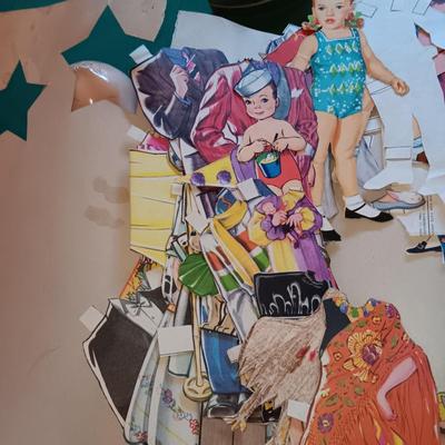 BISQUE HEADED DOLL WITH RUBBER BODY, MANY PAPER DOLLS & CLOTHES PLUS TOY IRON