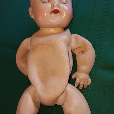 BISQUE HEADED DOLL WITH RUBBER BODY, MANY PAPER DOLLS & CLOTHES PLUS TOY IRON