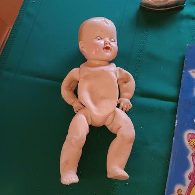 BISQUE HEADED DOLL WITH RUBBER BODY, MANY PAPER DOLLS & CLOTHES PLUS TOY IRON