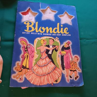 BISQUE HEADED DOLL WITH RUBBER BODY, MANY PAPER DOLLS & CLOTHES PLUS TOY IRON