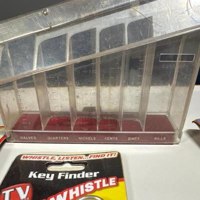 Coin separator, Hot Wheels, key chains, toy motorcycle and toy skateboards