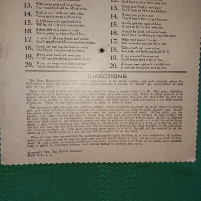 1935 ZINGO HALLOWEEN FORTUNE AND STUNT GAME