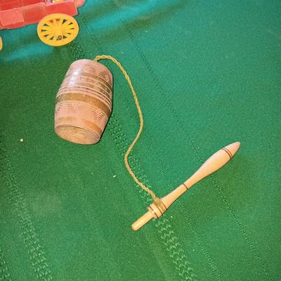 MICKEY'S TRACTOR, WAGON, TOP, WIND UP BIRD & A WOODEN TOY
