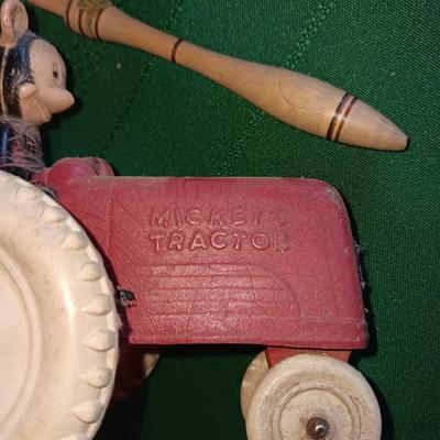 MICKEY'S TRACTOR, WAGON, TOP, WIND UP BIRD & A WOODEN TOY