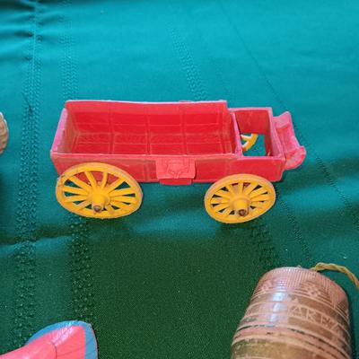 MICKEY'S TRACTOR, WAGON, TOP, WIND UP BIRD & A WOODEN TOY