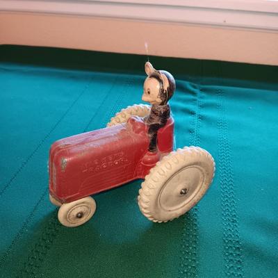 MICKEY'S TRACTOR, WAGON, TOP, WIND UP BIRD & A WOODEN TOY