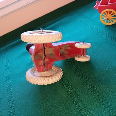 MICKEY'S TRACTOR, WAGON, TOP, WIND UP BIRD & A WOODEN TOY