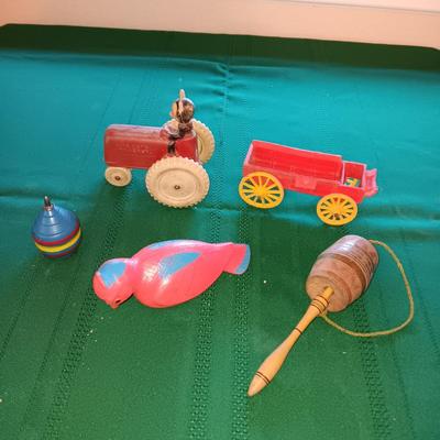 MICKEY'S TRACTOR, WAGON, TOP, WIND UP BIRD & A WOODEN TOY