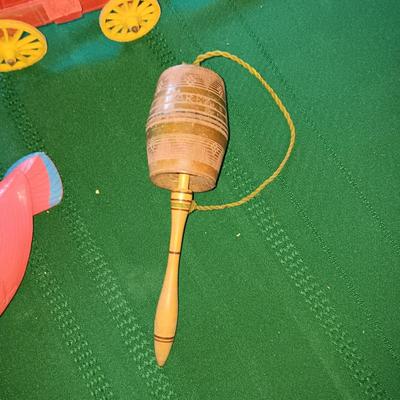 MICKEY'S TRACTOR, WAGON, TOP, WIND UP BIRD & A WOODEN TOY