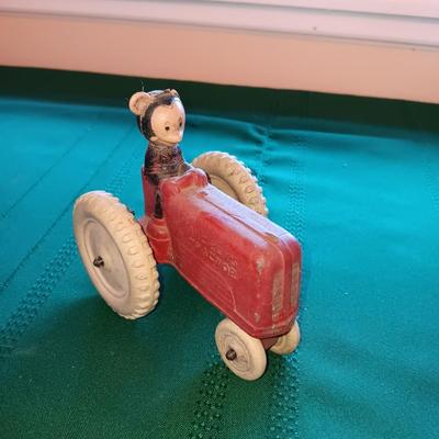 MICKEY'S TRACTOR, WAGON, TOP, WIND UP BIRD & A WOODEN TOY