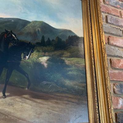 Large Signed Horse & Carriage Oil On Canvas