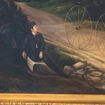Large Signed Horse & Carriage Oil On Canvas