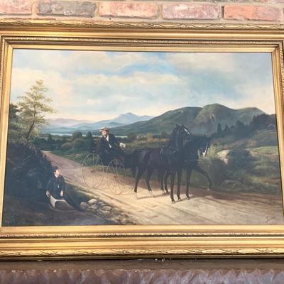 Large Signed Horse & Carriage Oil On Canvas