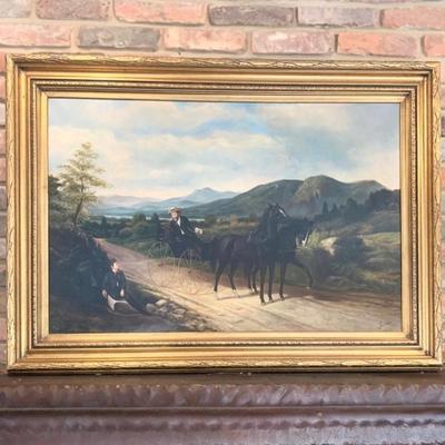 Large Signed Horse & Carriage Oil On Canvas