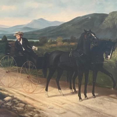 Large Signed Horse & Carriage Oil On Canvas