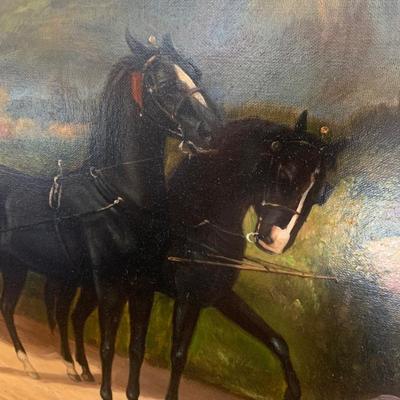 Large Signed Horse & Carriage Oil On Canvas