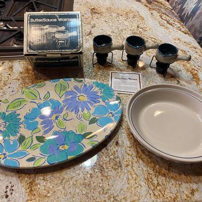 BUTTER WARMERS, PIE PAN, AND SERVING PLATTER