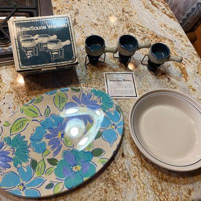 BUTTER WARMERS, PIE PAN, AND SERVING PLATTER