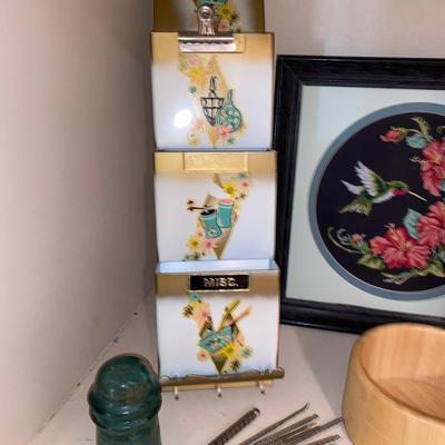 NIFTY OLD TIN WALL ORGANIZER, WOODEN BOWL, NUT TOOLS, INSULATOR, AND NEEDLEPOINT PICTURE,