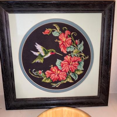 NIFTY OLD TIN WALL ORGANIZER, WOODEN BOWL, NUT TOOLS, INSULATOR, AND NEEDLEPOINT PICTURE,