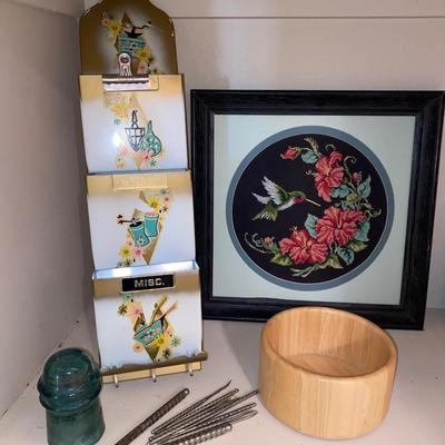 NIFTY OLD TIN WALL ORGANIZER, WOODEN BOWL, NUT TOOLS, INSULATOR, AND NEEDLEPOINT PICTURE,