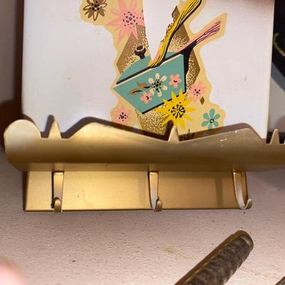 NIFTY OLD TIN WALL ORGANIZER, WOODEN BOWL, NUT TOOLS, INSULATOR, AND NEEDLEPOINT PICTURE,