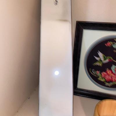 NIFTY OLD TIN WALL ORGANIZER, WOODEN BOWL, NUT TOOLS, INSULATOR, AND NEEDLEPOINT PICTURE,
