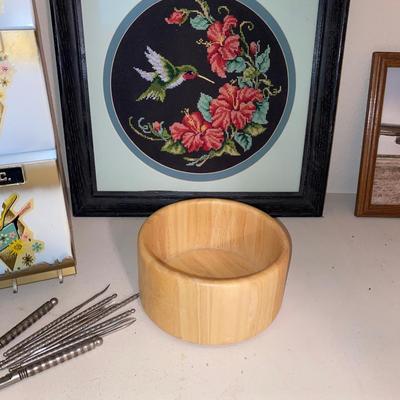 NIFTY OLD TIN WALL ORGANIZER, WOODEN BOWL, NUT TOOLS, INSULATOR, AND NEEDLEPOINT PICTURE,
