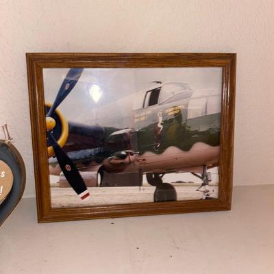 32 OUNCE "PROMOTED TO GRANDPA" MUG AND PHOTOGRAPHS OF AN OLD FIGHTER PLANE AND OTHER INTERESTING ITEMS