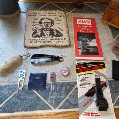 32 OUNCE "PROMOTED TO GRANDPA" MUG AND PHOTOGRAPHS OF AN OLD FIGHTER PLANE AND OTHER INTERESTING ITEMS