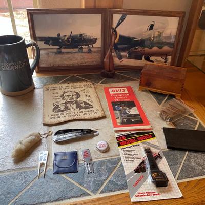 32 OUNCE "PROMOTED TO GRANDPA" MUG AND PHOTOGRAPHS OF AN OLD FIGHTER PLANE AND OTHER INTERESTING ITEMS